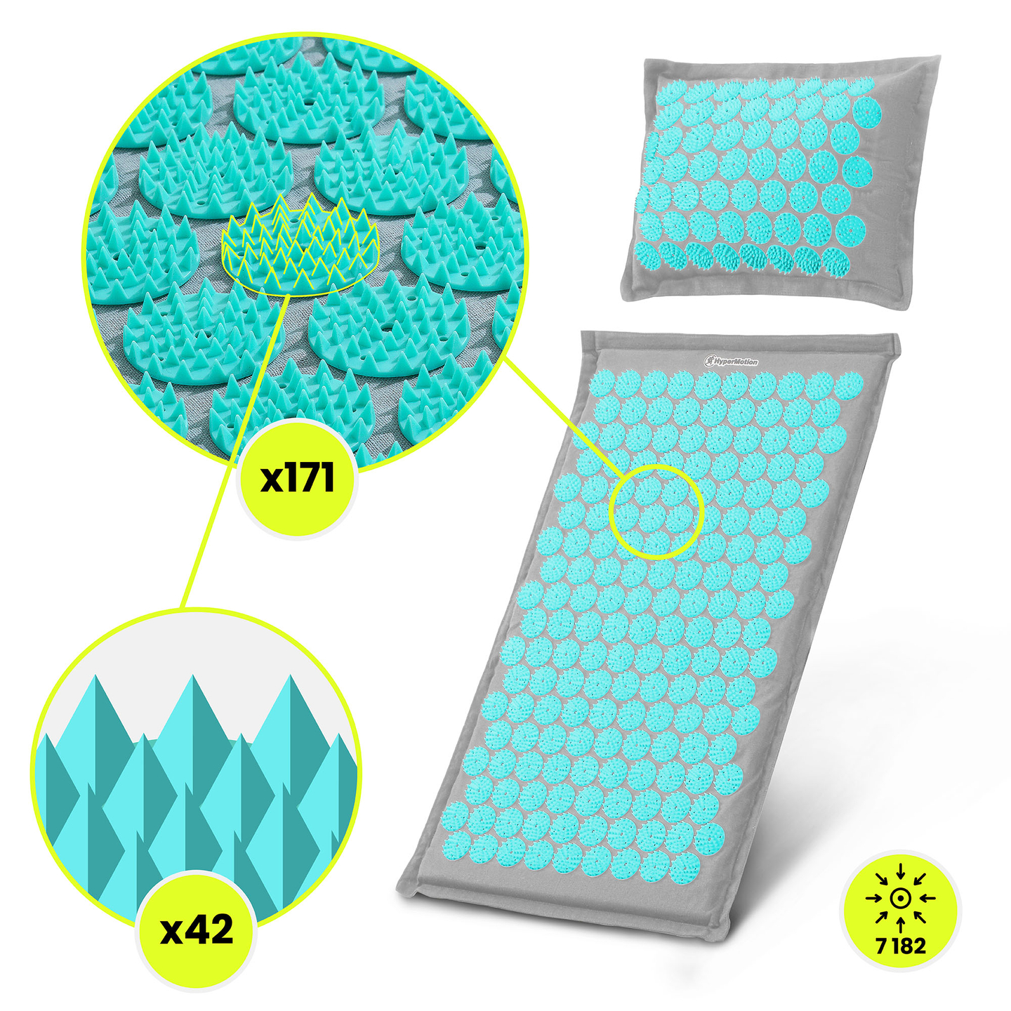 Esterilla de acupresión de lino ecológico con fibra de coco y cojín de trigo sarraceno – 68 cm HyperMotion gris-menta