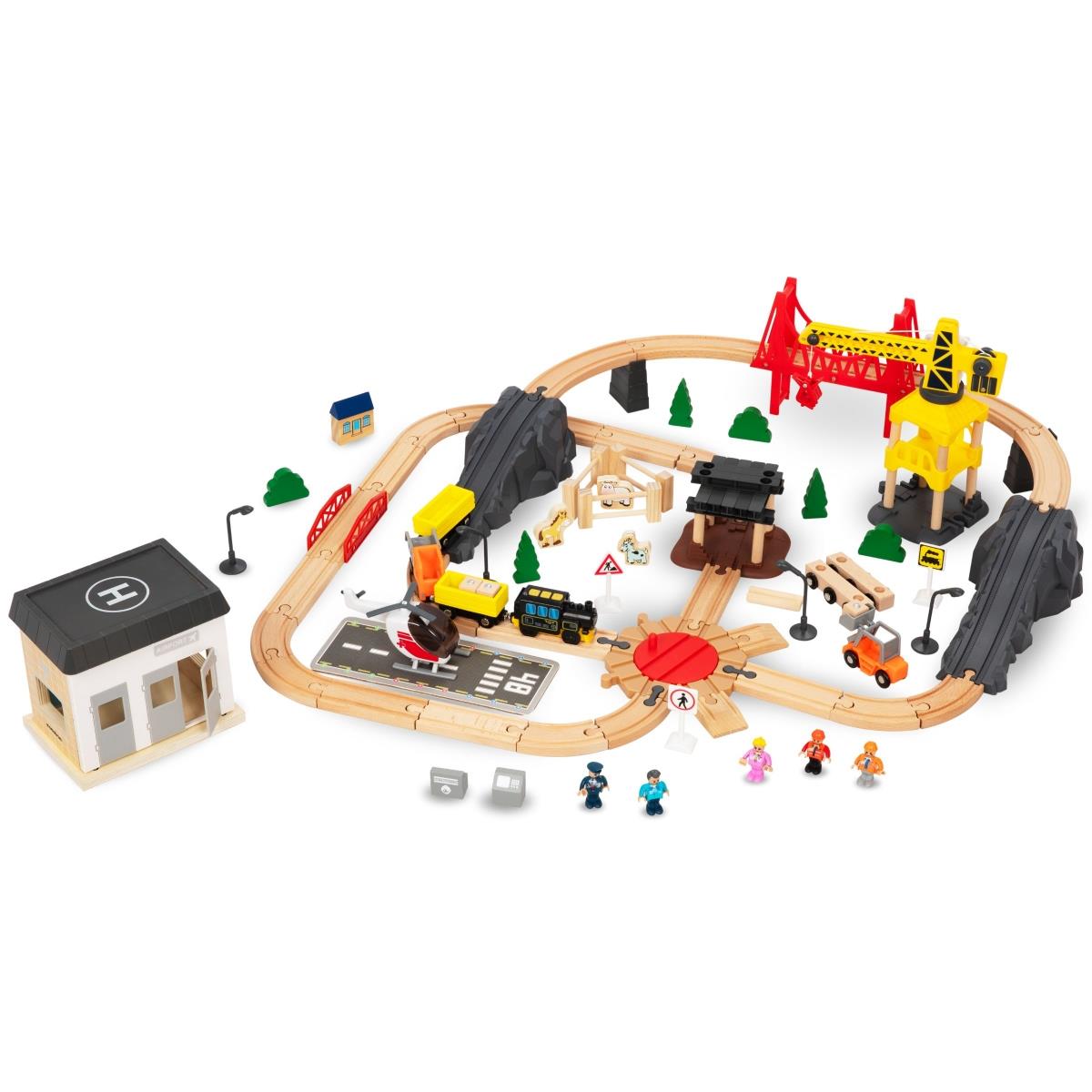 Ferrocarril de madera, tren de baterías - Ciudad: vías, coches, puente, aeropuerto