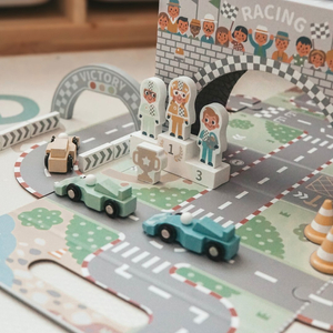 Maleta magnética con pista de carreras, vehículos de madera y accesorios de carretera