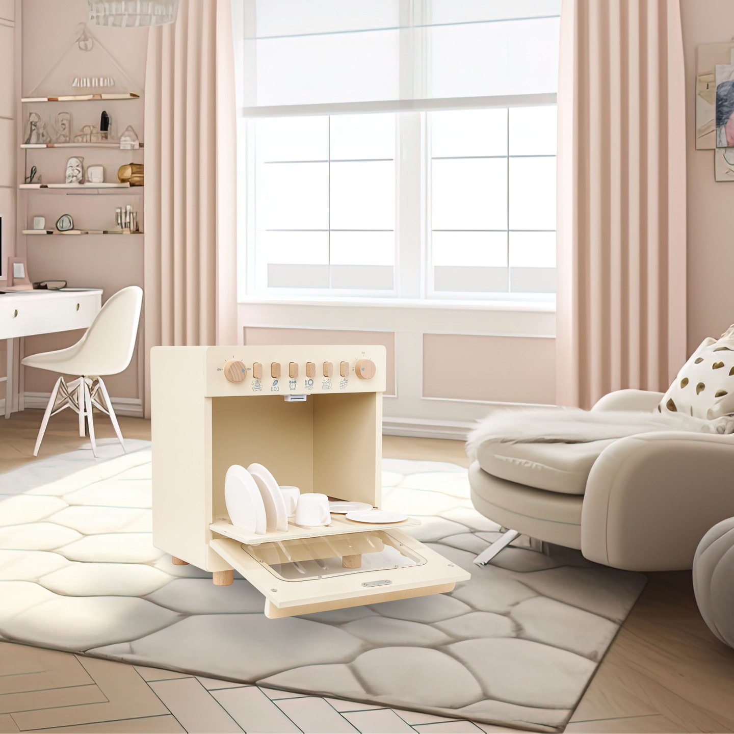 Lavavajillas de madera con accesorios.