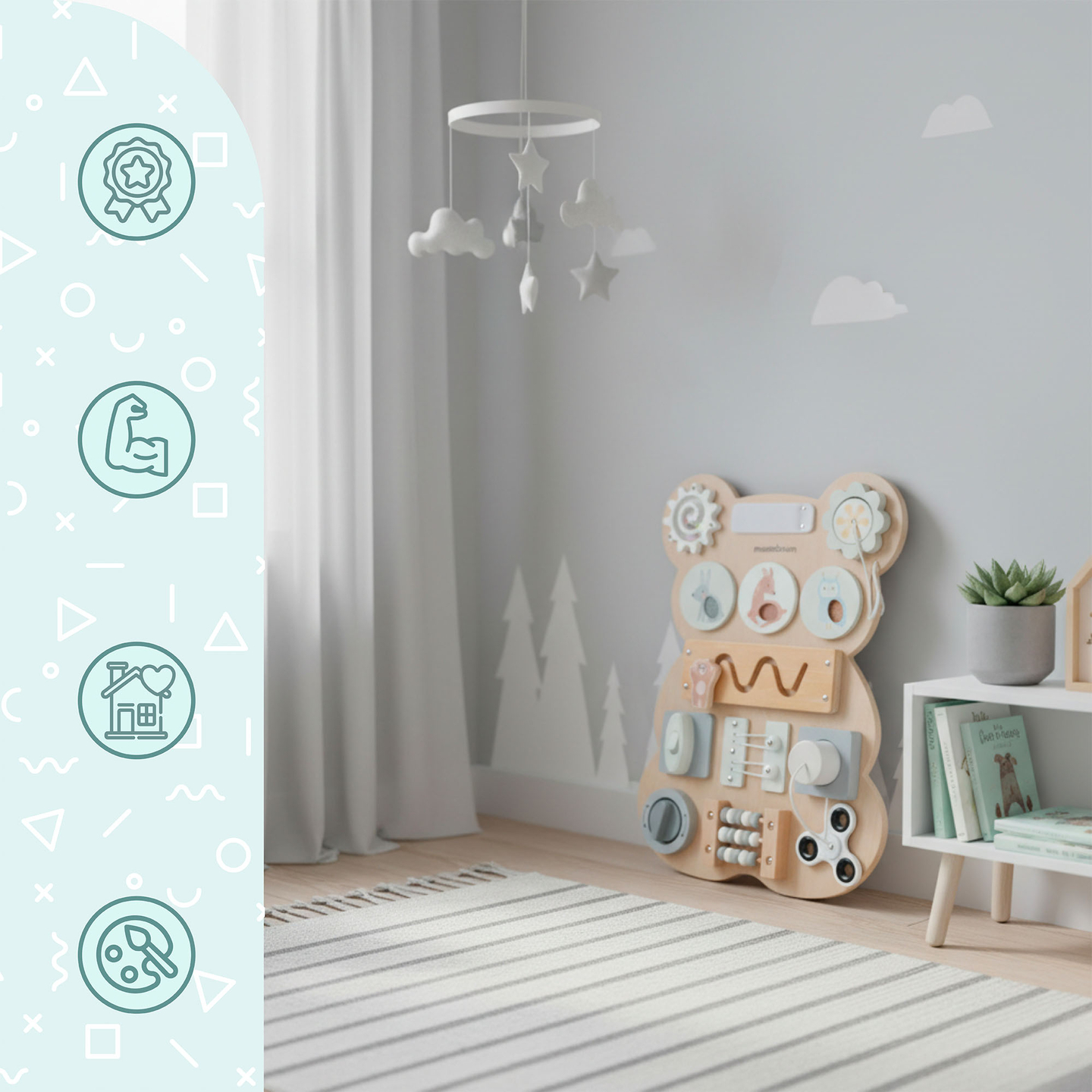 Tablero manipulativo de madera Montessori con forma de osito de peluche: aprendizaje sensorial de la independencia: velcro, enchufe, laberinto, botón de clic