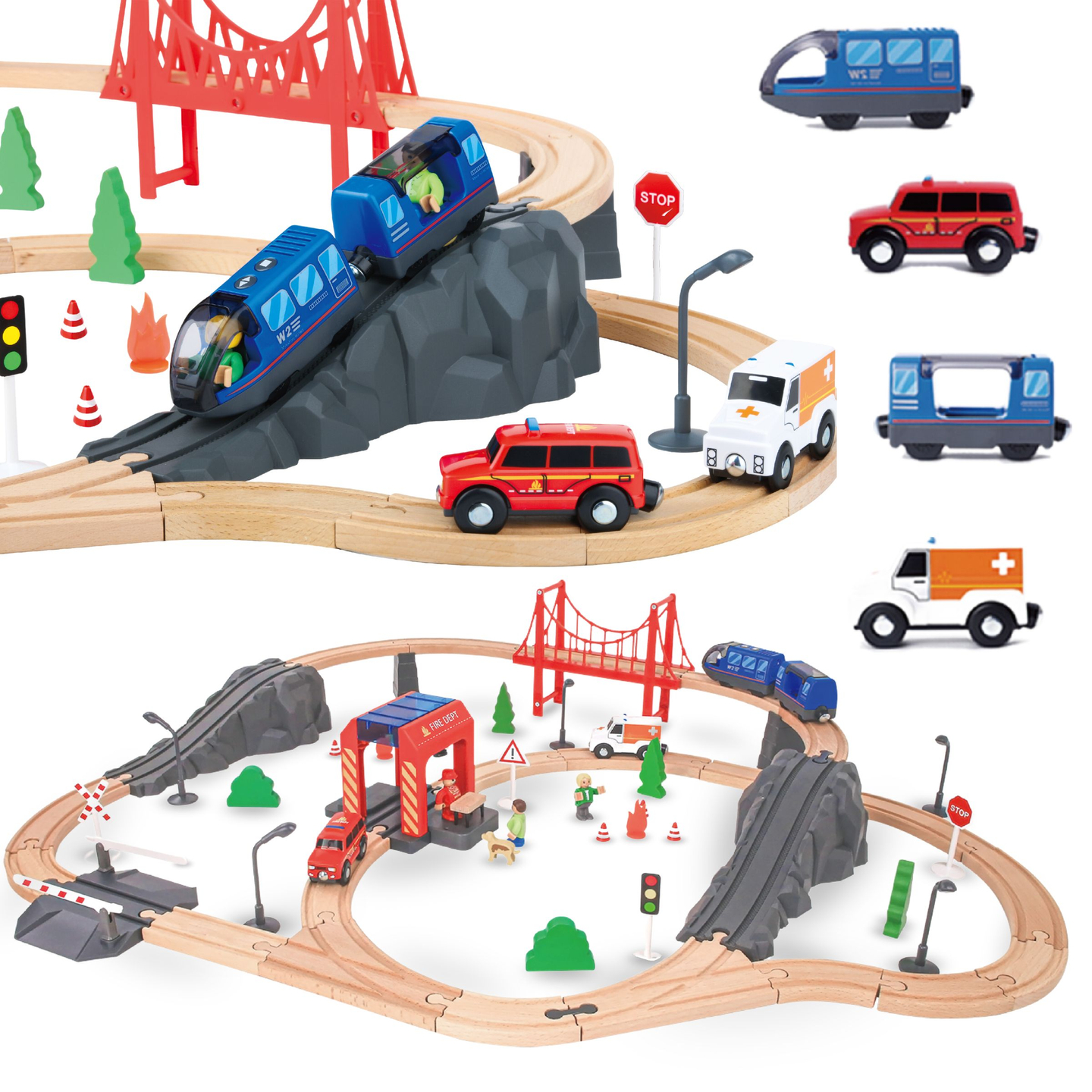 Tren de madera, tren a batería - Bomberos, vías, vagones, puentes, barrera