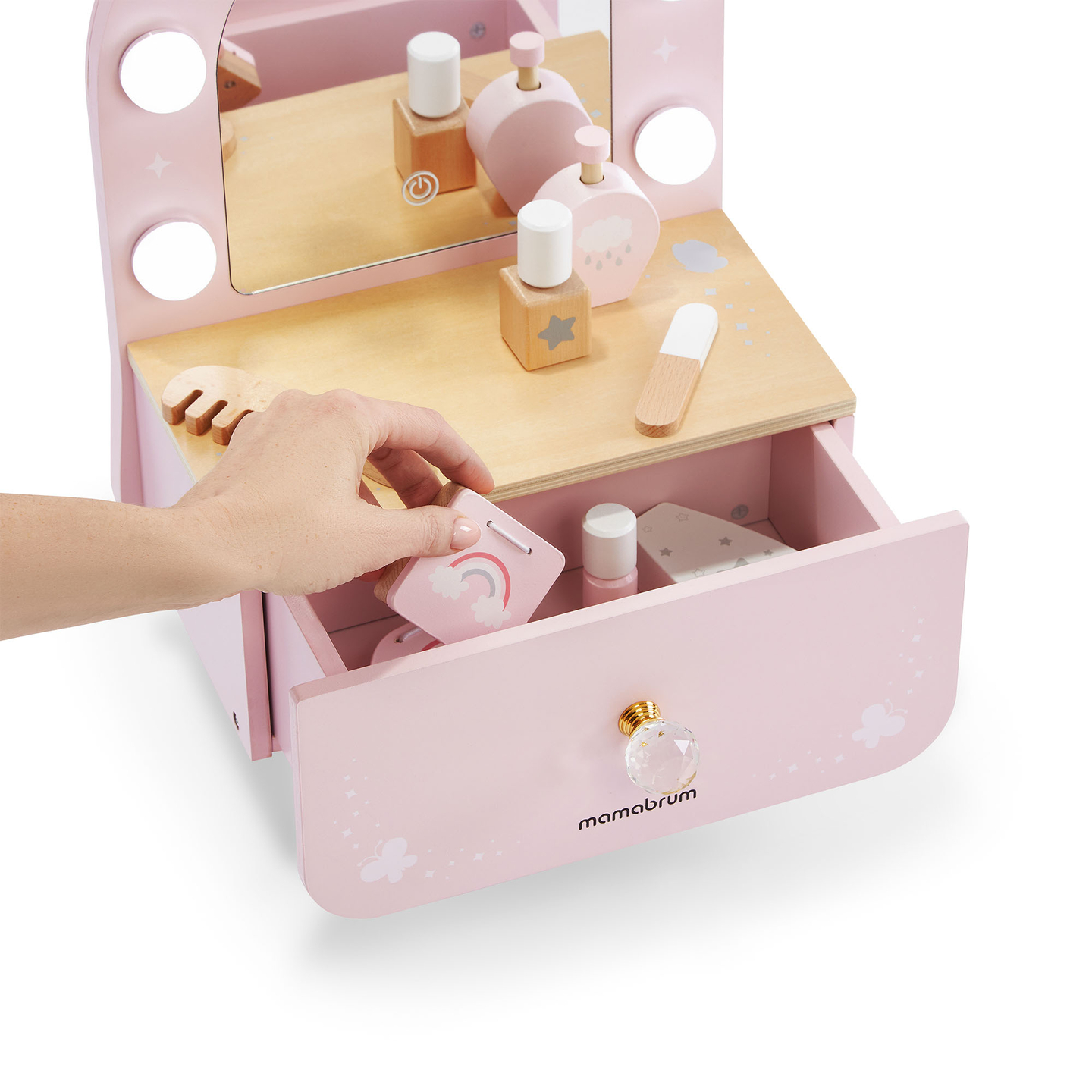 Mini tocador de madera para niños con accesorios e iluminación LED con ajuste suave de brillo.