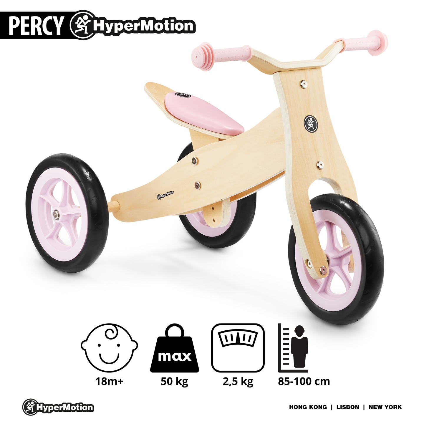 Triciclo y bicicleta de equilibrio de madera 2 en 1 - HyperMotion PERCY - rosa