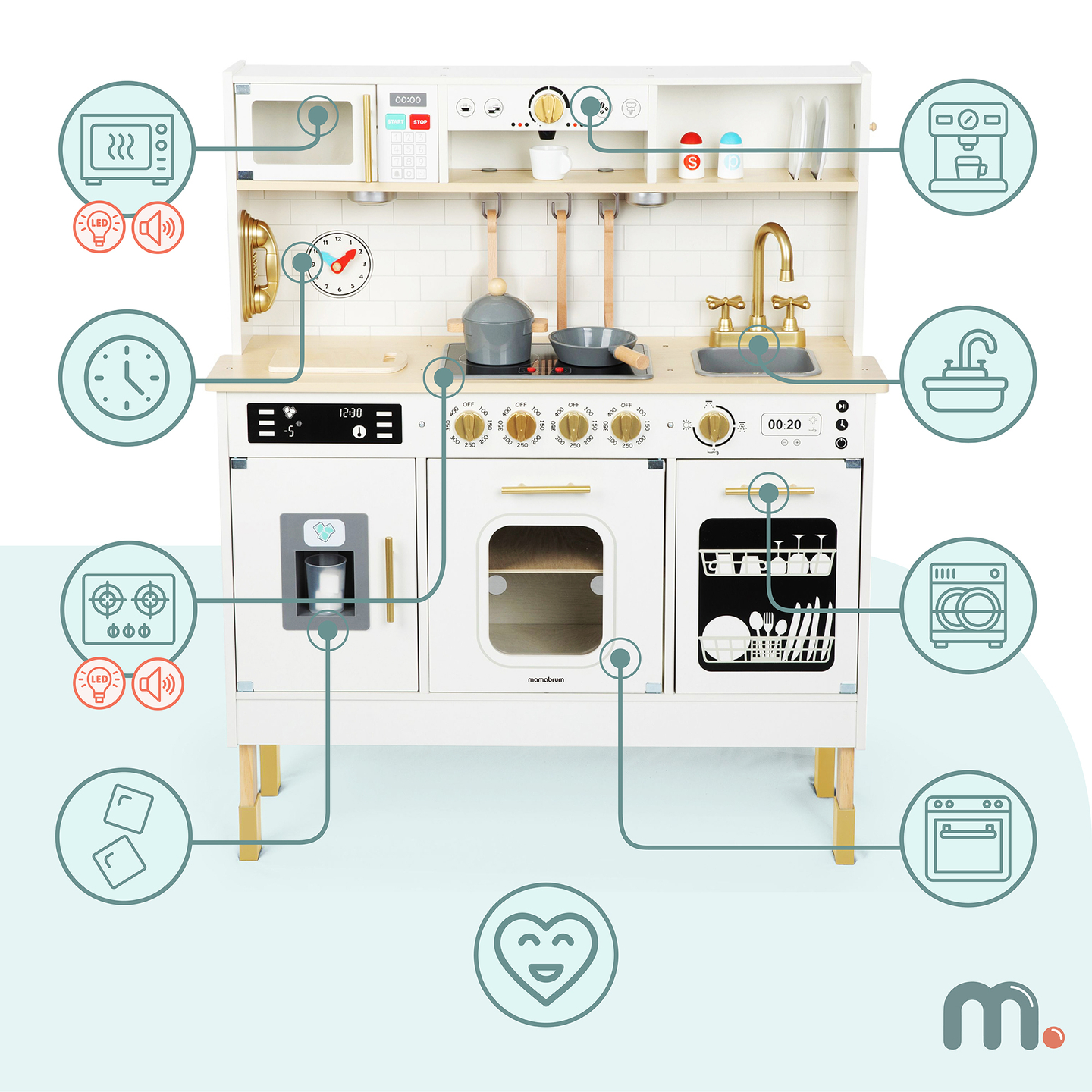 Cocina interactiva de madera XXL con accesorios e iluminación LED - dos niveles