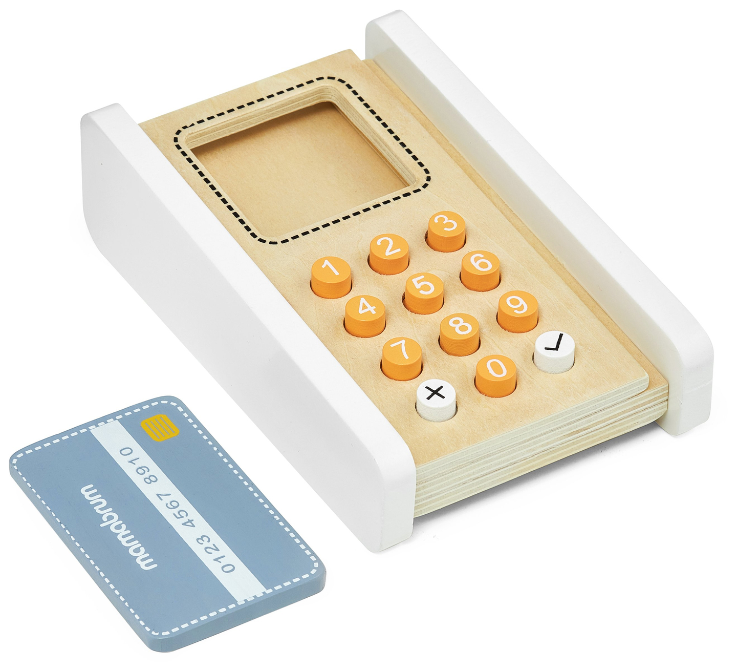 Minimercado: una tienda con báscula, terminal, tarjeta de pago y fruta.