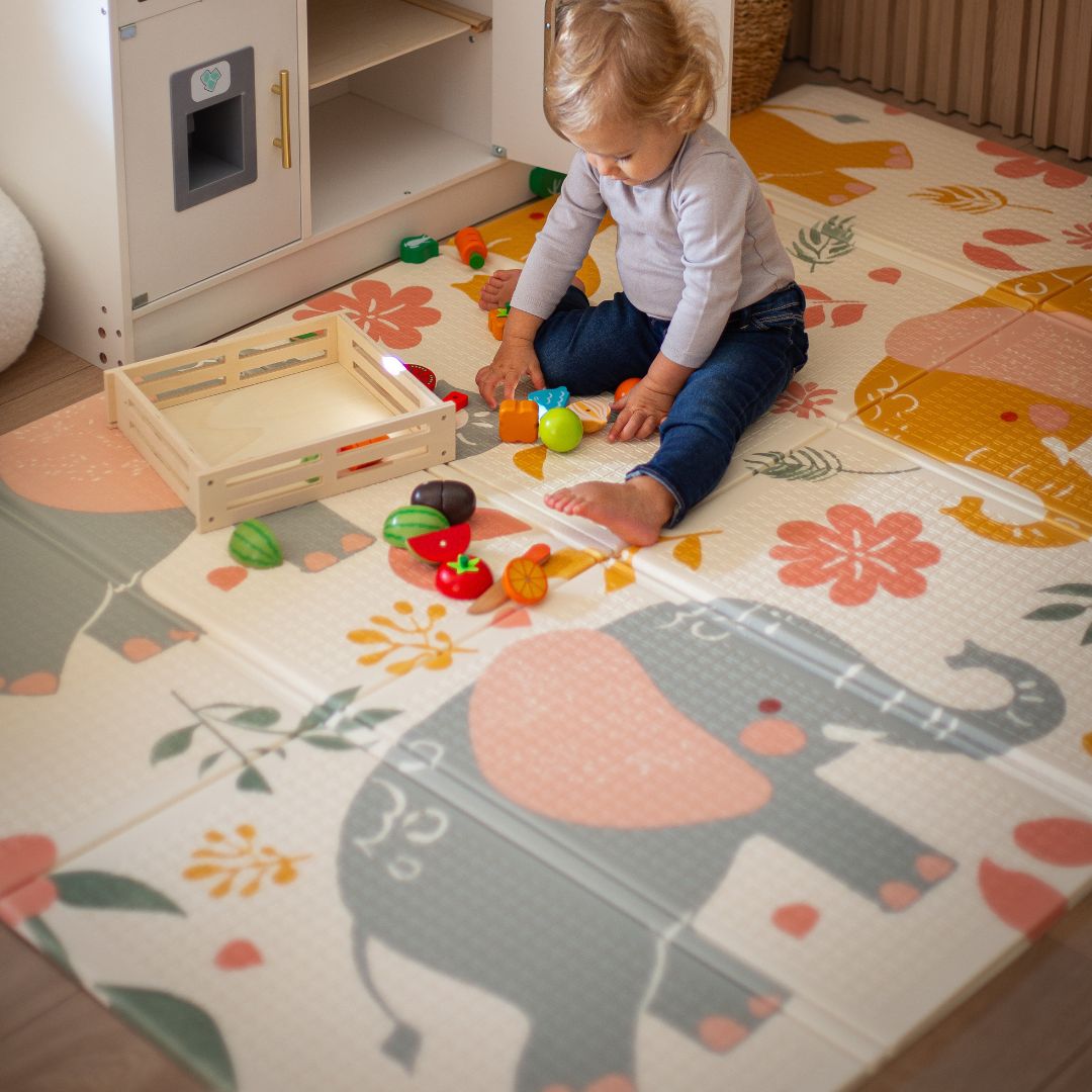 Estera de espuma plegable por las dos caras 180 x 120 x 1cm - Elefantes exóticos/Gris delicado