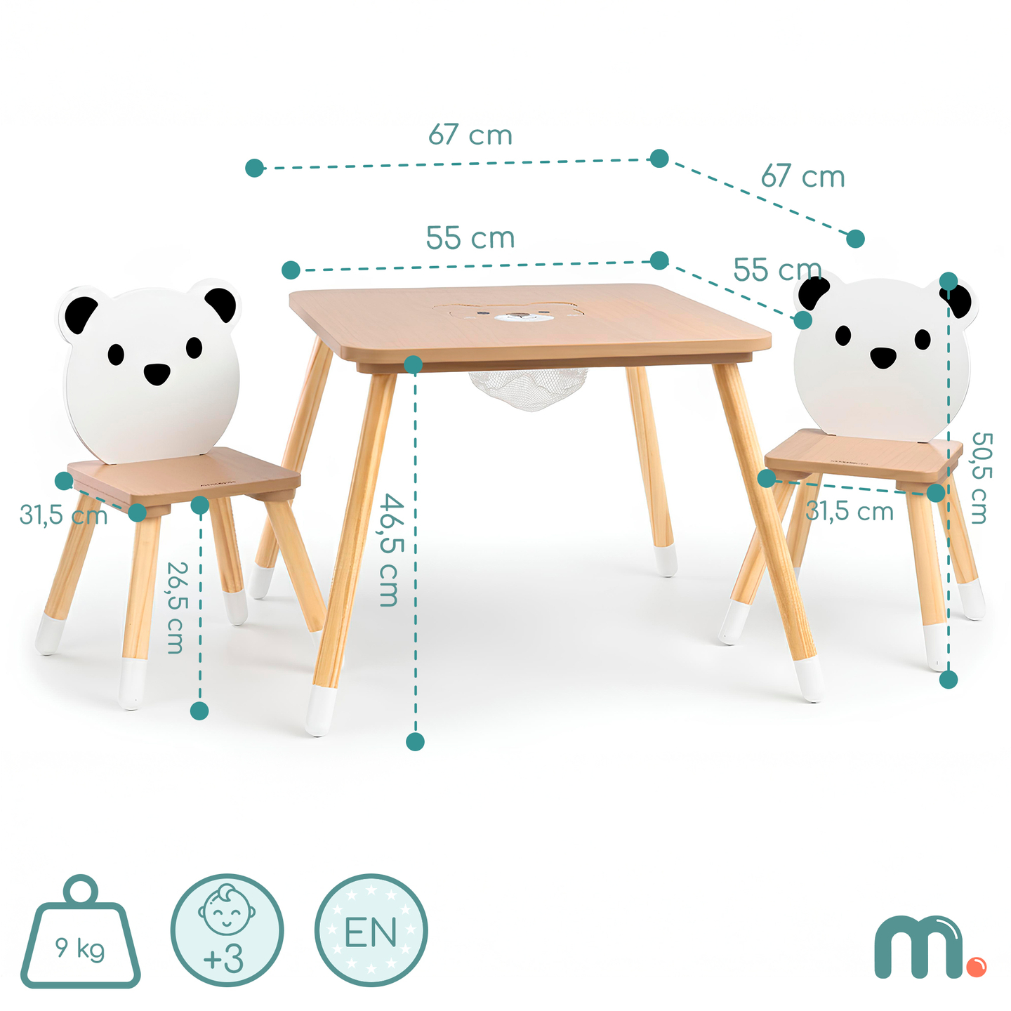 Mesa de madera con almacenaje y 2 sillas Conjunto infantil - Lindo Osito de Peluche