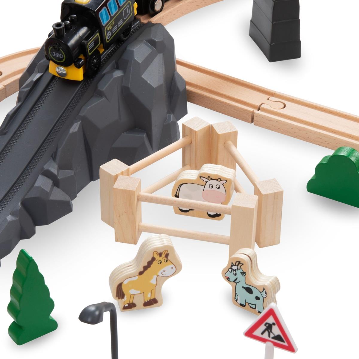 Ferrocarril de madera, tren de baterías - Ciudad: vías, coches, puente, aeropuerto