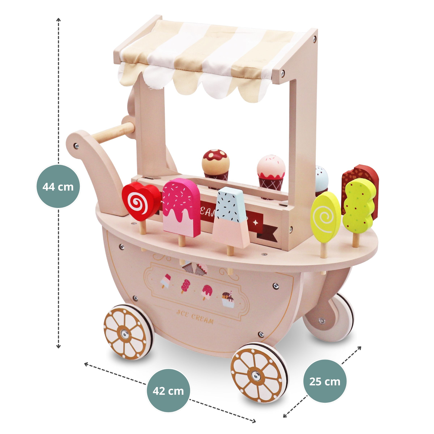 Heladería de madera para niños - carrito con ruedas con accesorios