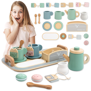 Juego de té grande de madera con bandeja - 18 unidades