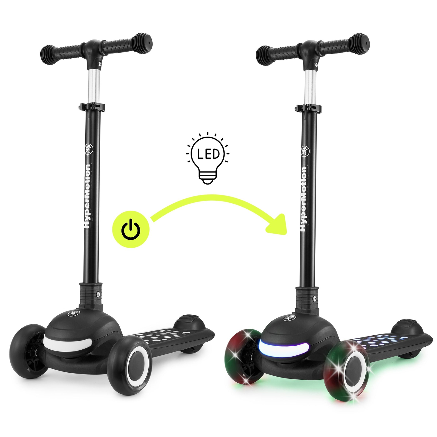 Patinete de equilibrio 3 en 1 HyperMotion LUMI - plataforma iluminada y ruedas LED, color negro