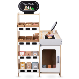 Tienda de comestibles de madera: un gran puesto XXL, una tienda con una caja registradora de juguete