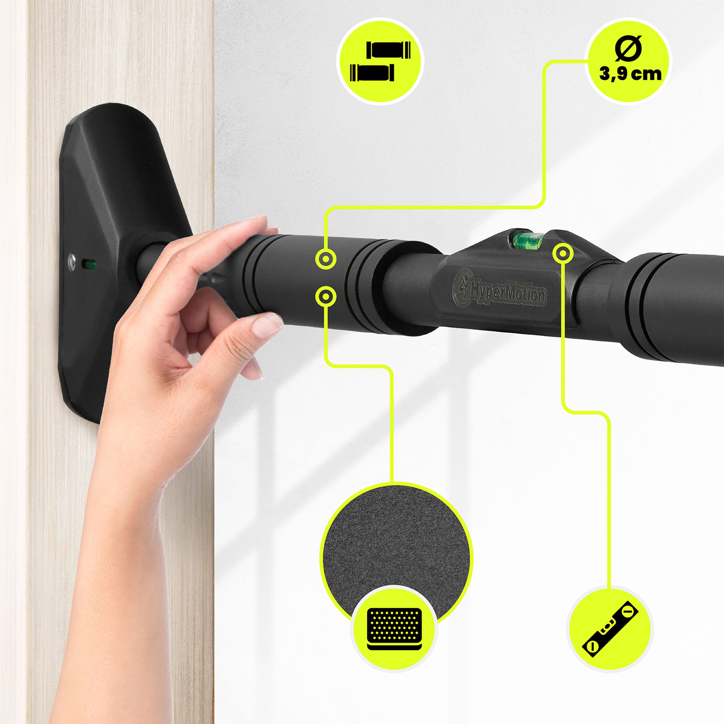 Barra de dominadas ajustable HyperMotion 70-100 cm, 200 kg, negra