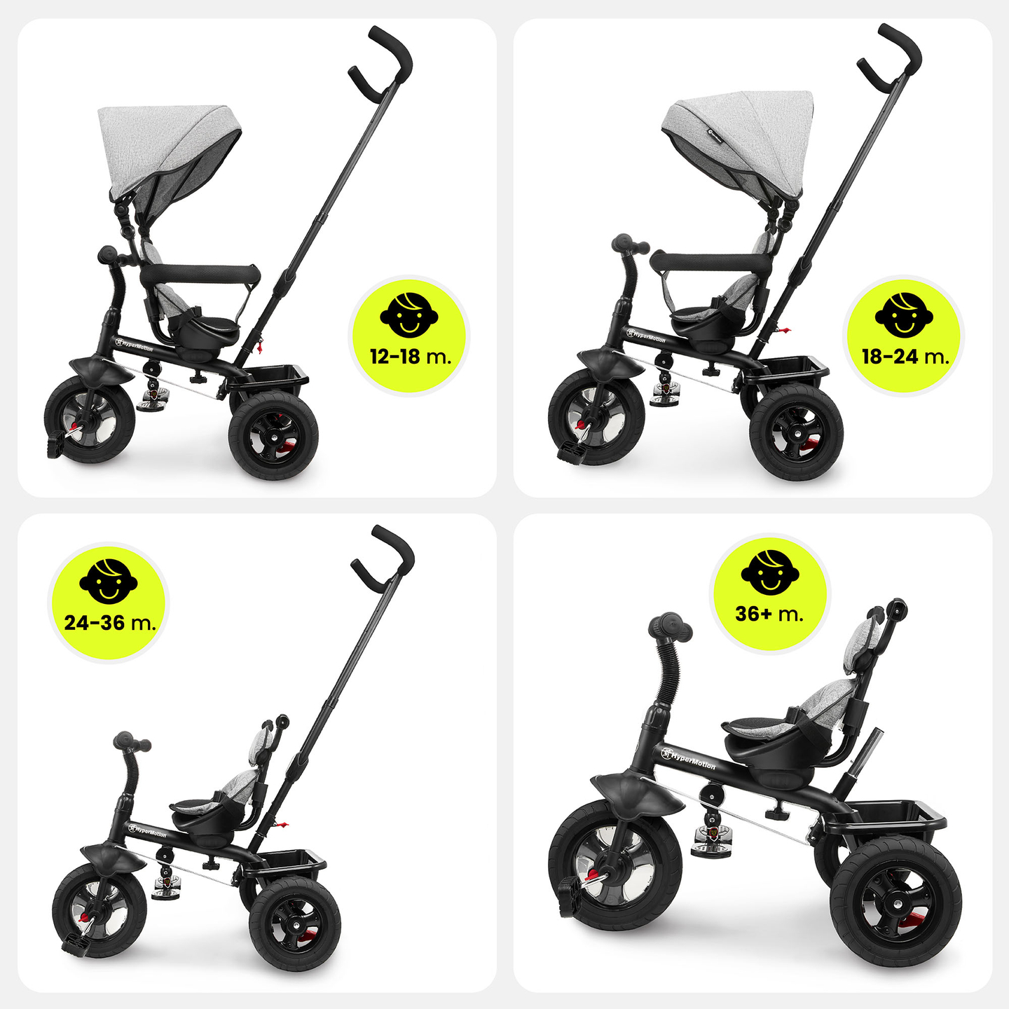 Triciclo para niños de 1 a 4 años - TOBI FREY - color gris - giratorio - ruedas hinchables + empujador