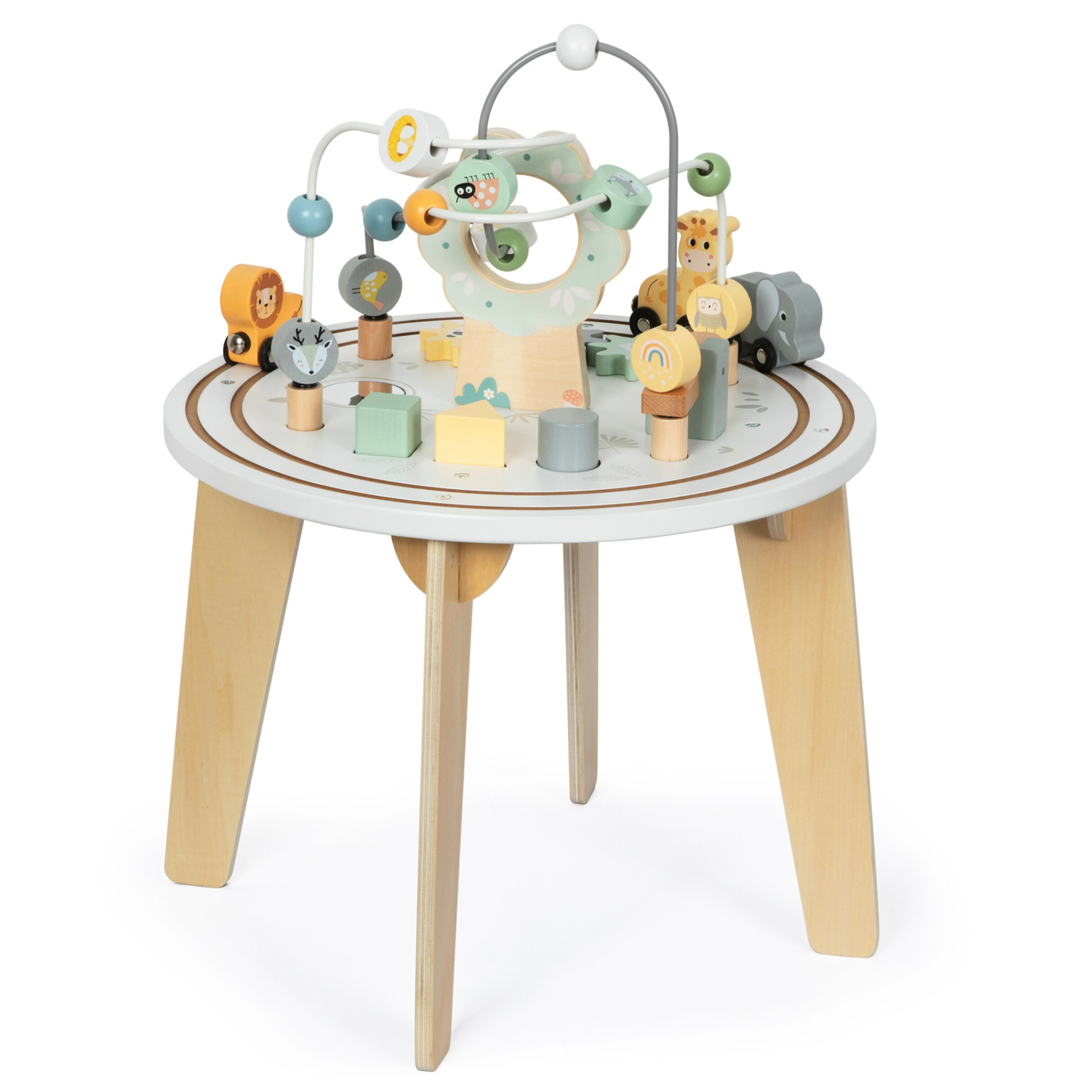 Mesa educativa redonda de madera con tren magnético y lanzador de cuentas.