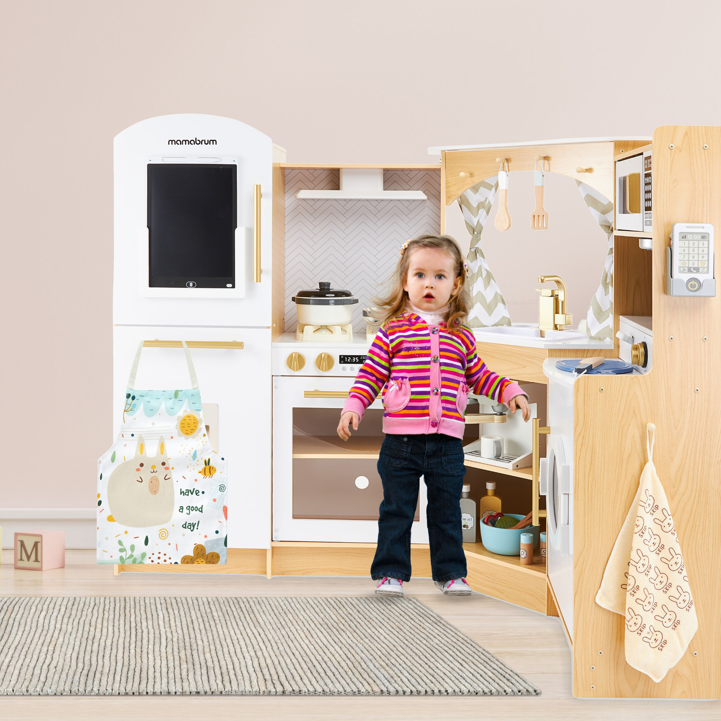 XXXXL gran cocina interactiva de madera con iluminación LED, lavadora microondas cafetera y juego de frutas y verduras - 50 elementos