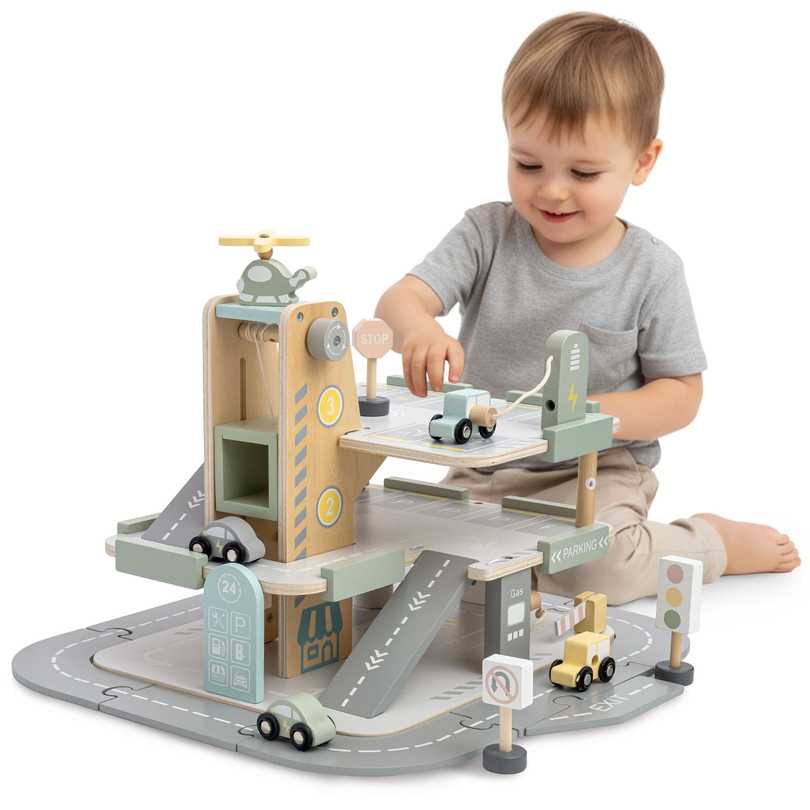 Garaje de madera de tres plantas para niños con accesorios: aparcamiento, gasolinera, lavadero de coches, helicóptero.