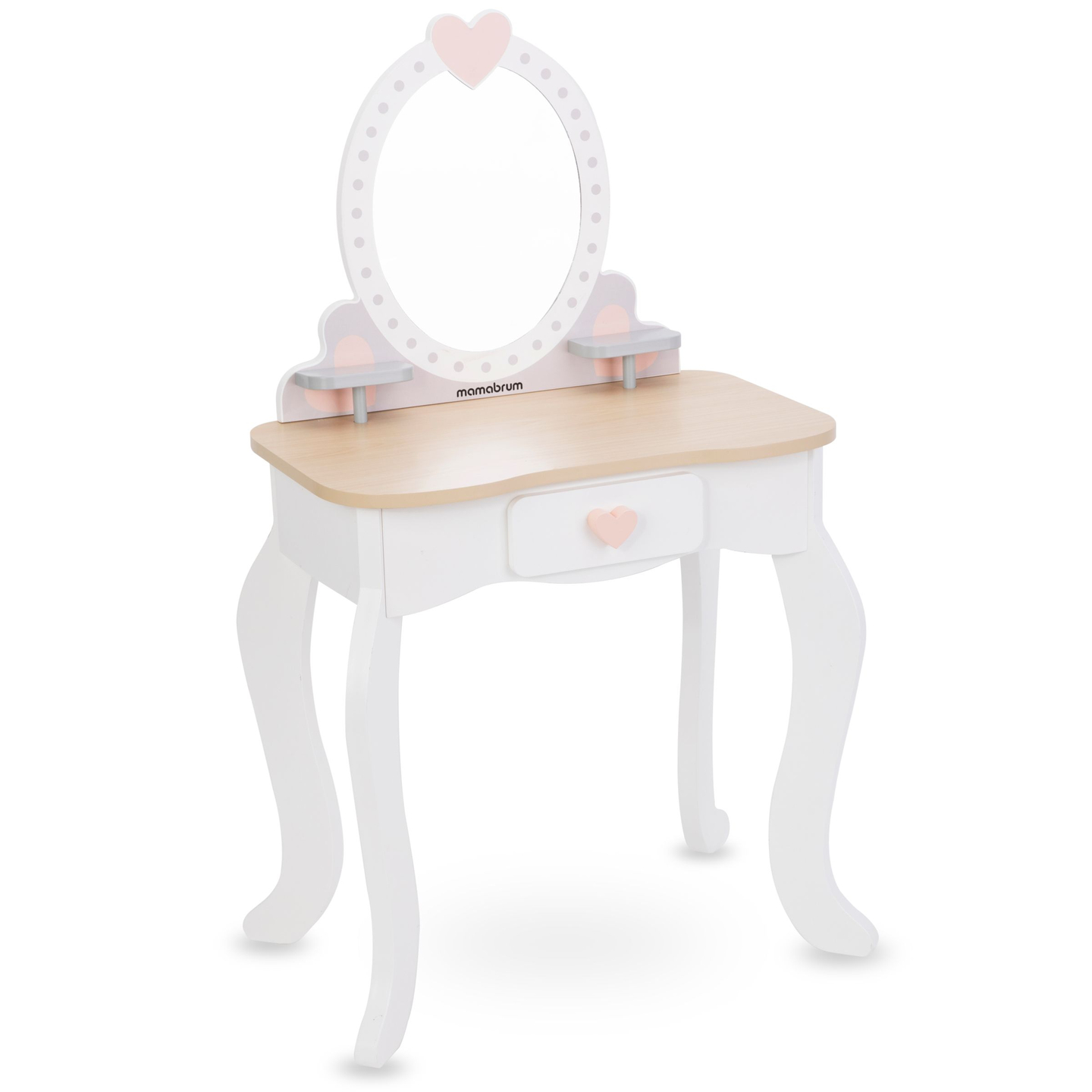 Tocador de madera con taburete y accesorios.