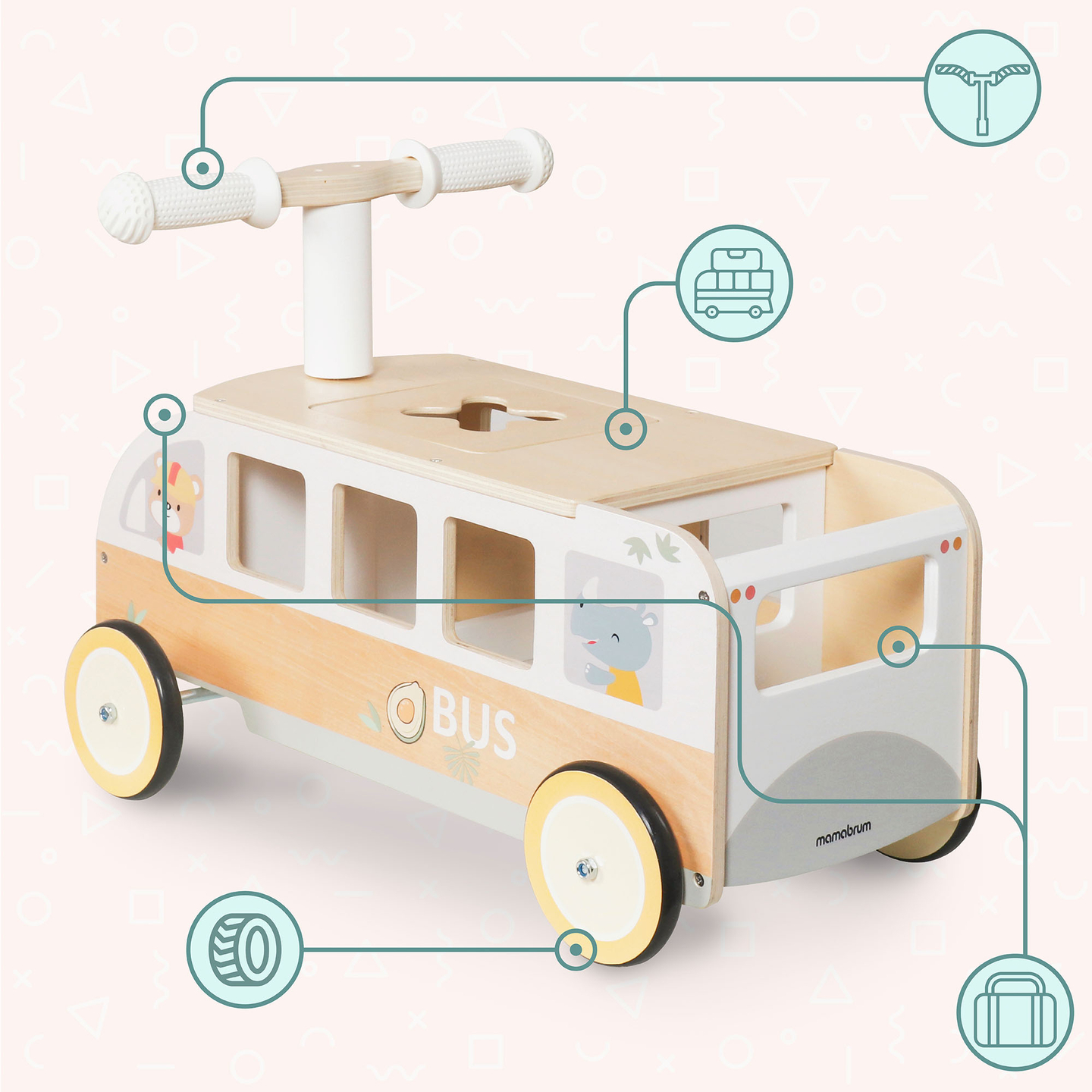 Autobús de madera para niños - Autobús con compartimentos de almacenamiento y espacio para peluches