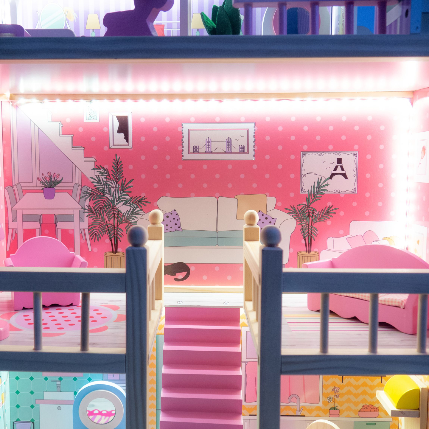 ¡Gran casa de muñecas de madera de 3 pisos con terraza, juego de muebles e iluminación LED!