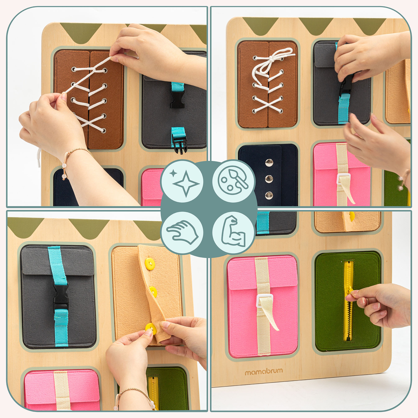 Tablero manipulativo Montessori de madera: Aprendizaje sensorial de la independencia - cordones, hebillas, botones, broches, cremallera