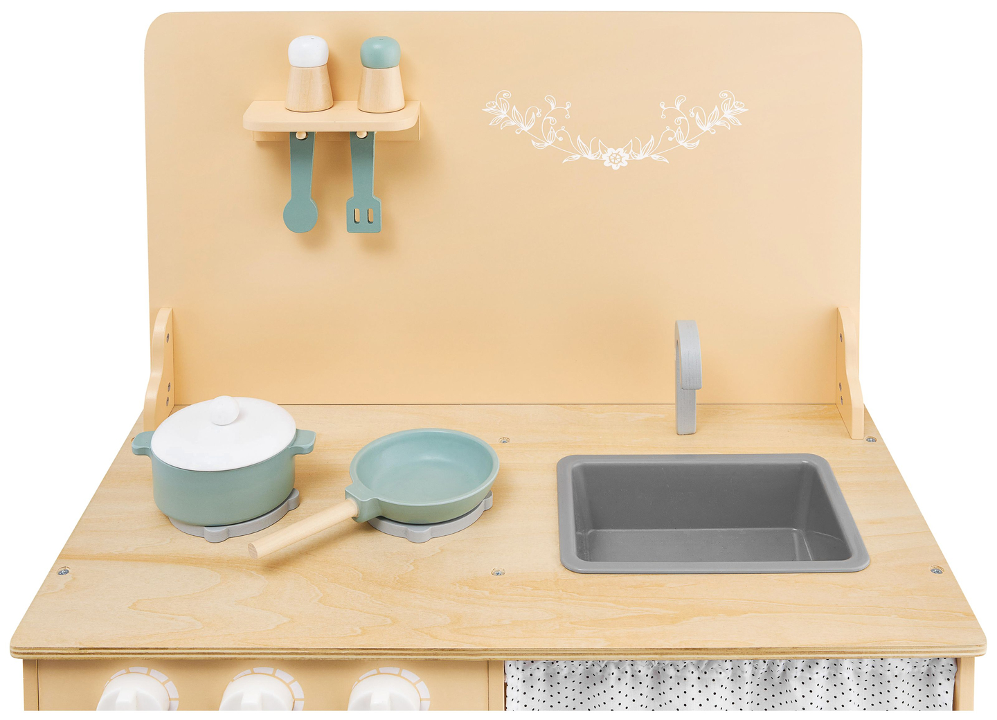 Cocina de madera con delantal, complementos e iluminación LED.