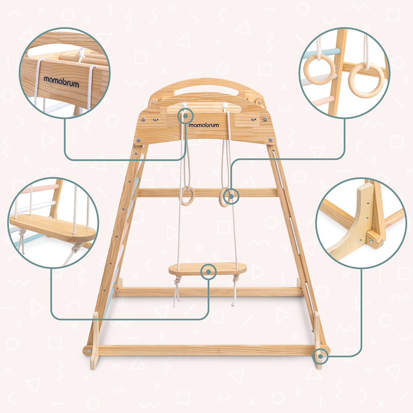 Parque infantil interior de madera con columpio, anillos de gimnasia y red de escalada.