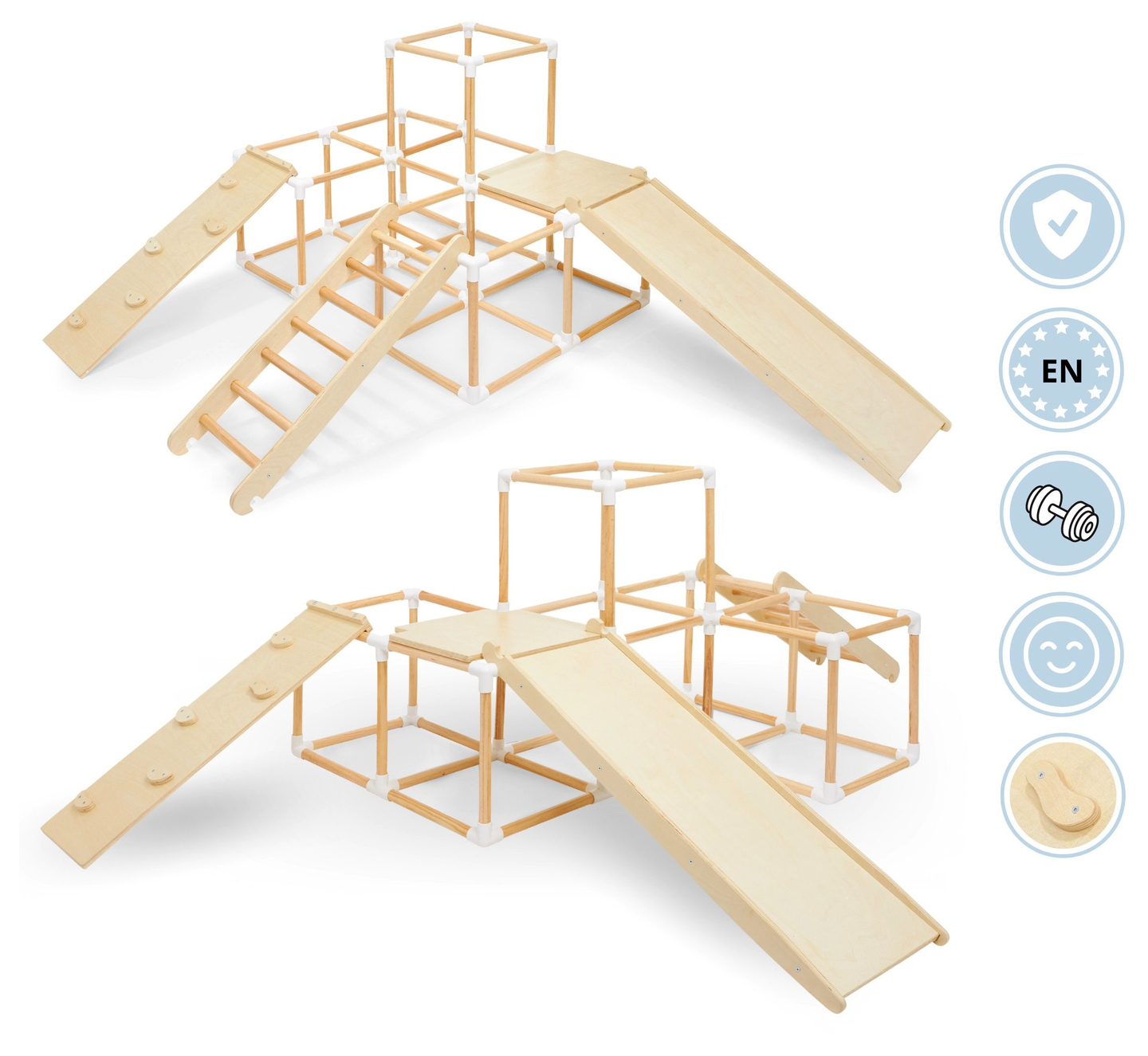 Gran parque infantil de madera XXL: tobogán, escalera, rocódromo, cubos para escalar