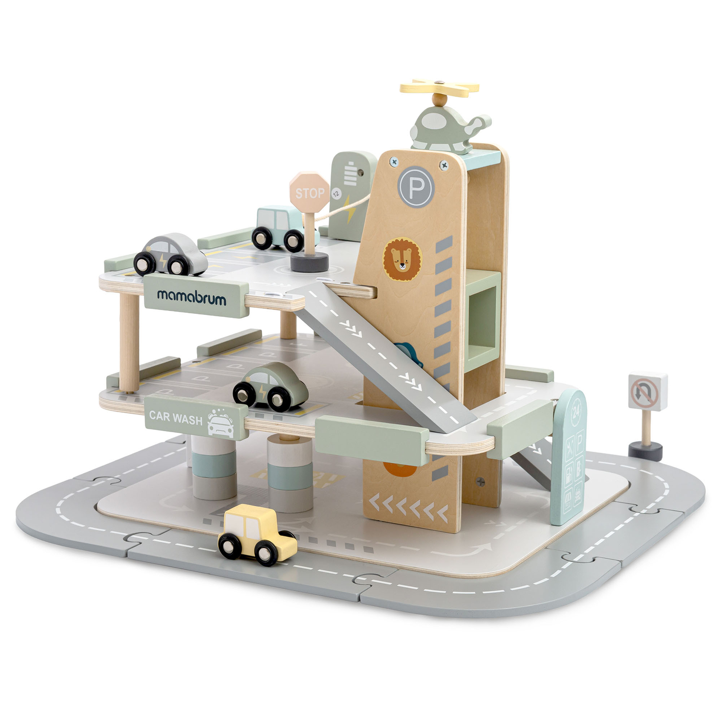 Garaje de madera de tres plantas para niños con accesorios: aparcamiento, gasolinera, lavadero de coches, helicóptero.