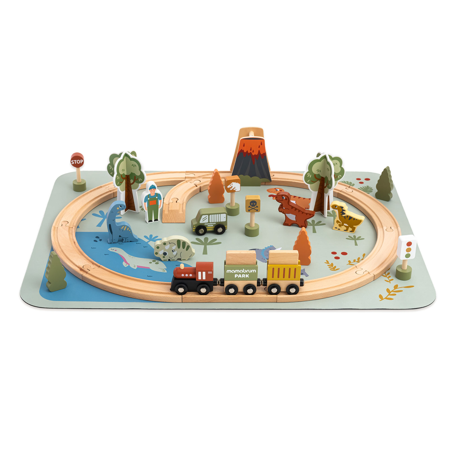 Tren de madera Dino Park con alfombra antideslizante - dinosaurios, tren, vías, volcán, campana