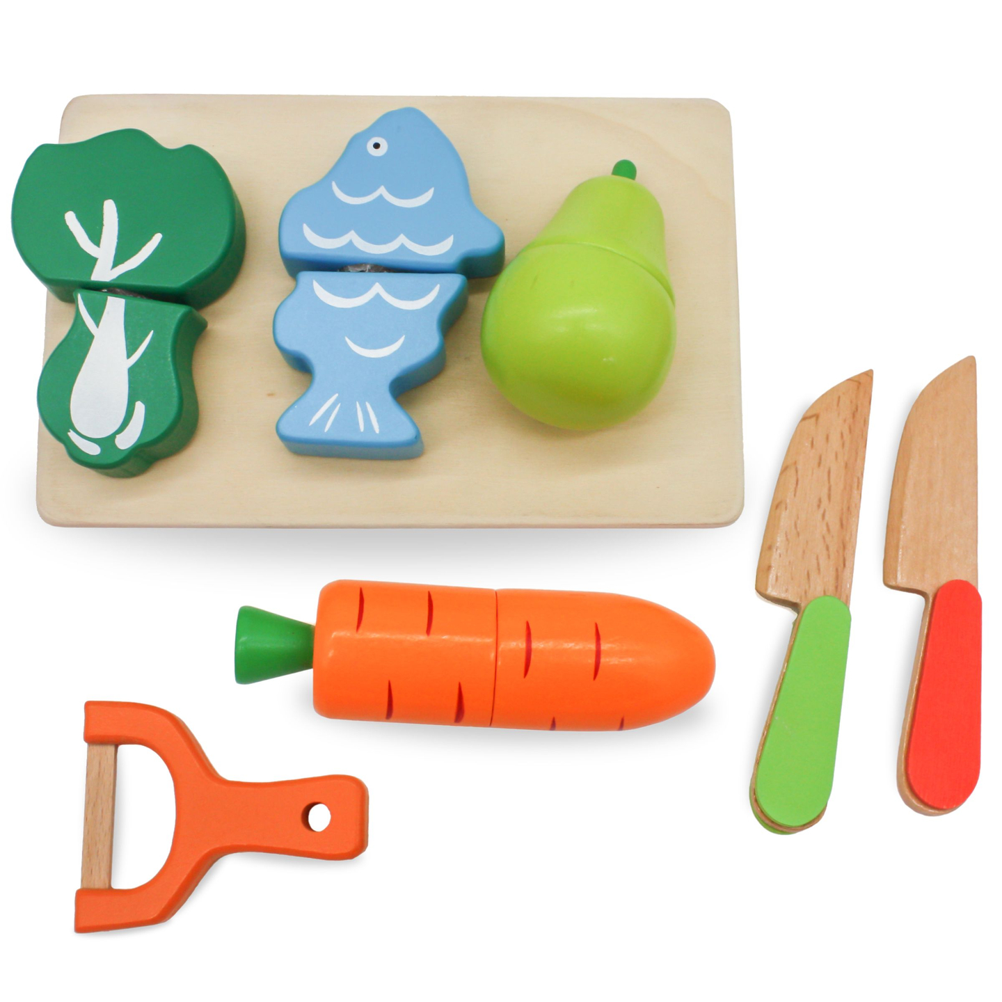 Frutas y verduras de madera para cortar.