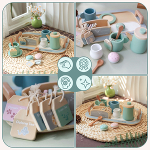 Juego de té grande de madera con bandeja - 18 unidades