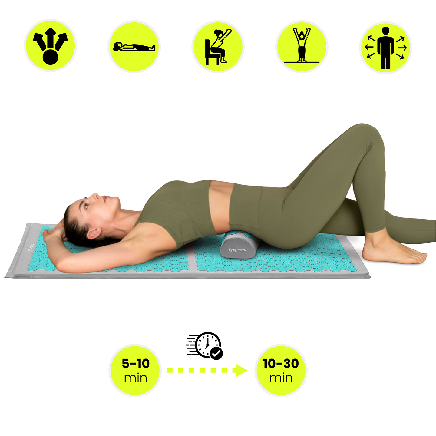 Esterilla de acupresión grande con almohada y funda - 130 cm HyperMotion gris-menta