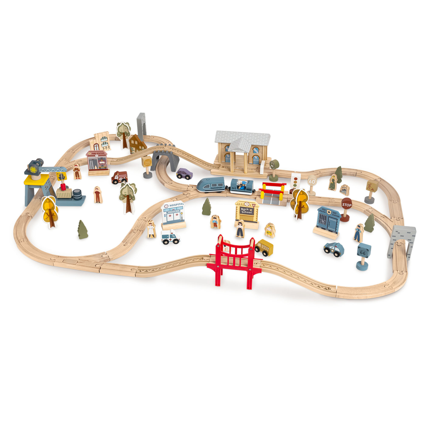 Ferrocarril urbano de madera con tren eléctrico: grúa móvil, barco, puentes