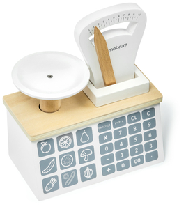 Minimercado: una tienda con báscula, terminal, tarjeta de pago y fruta.