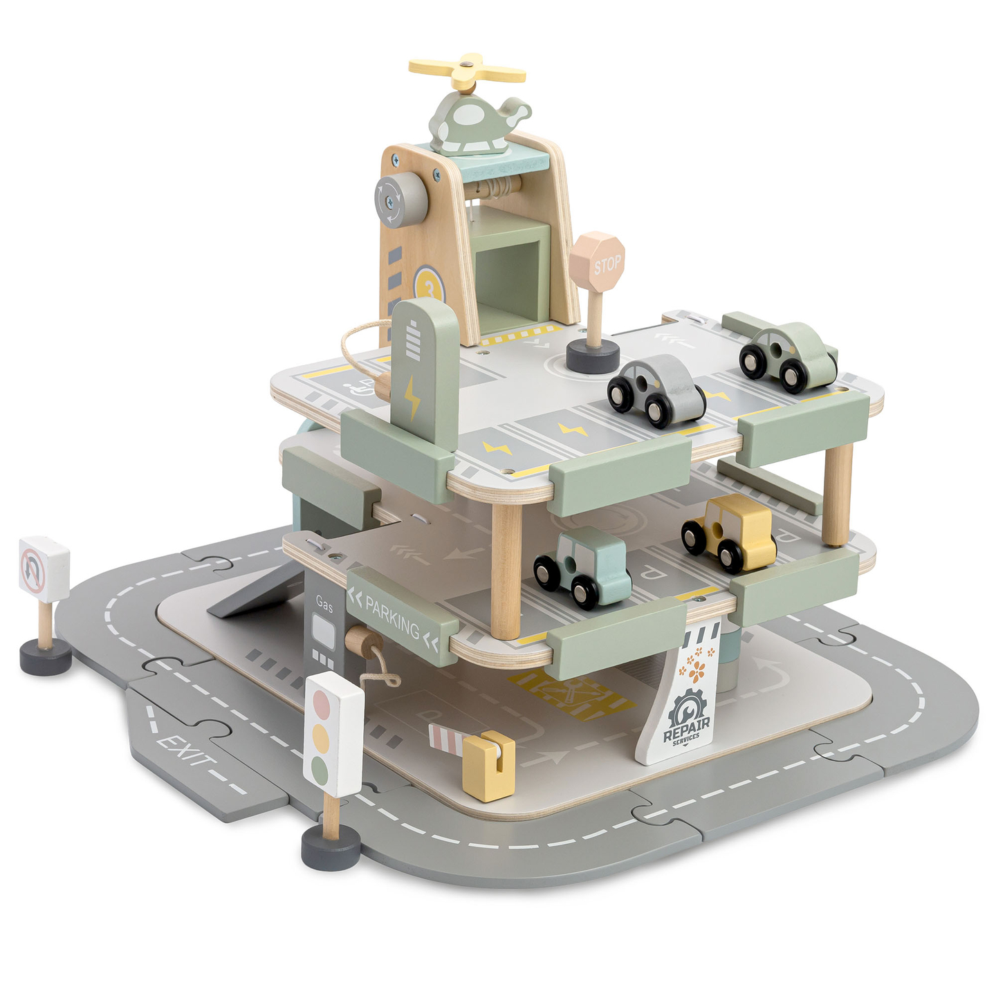 Garaje de madera de tres plantas para niños con accesorios: aparcamiento, gasolinera, lavadero de coches, helicóptero.