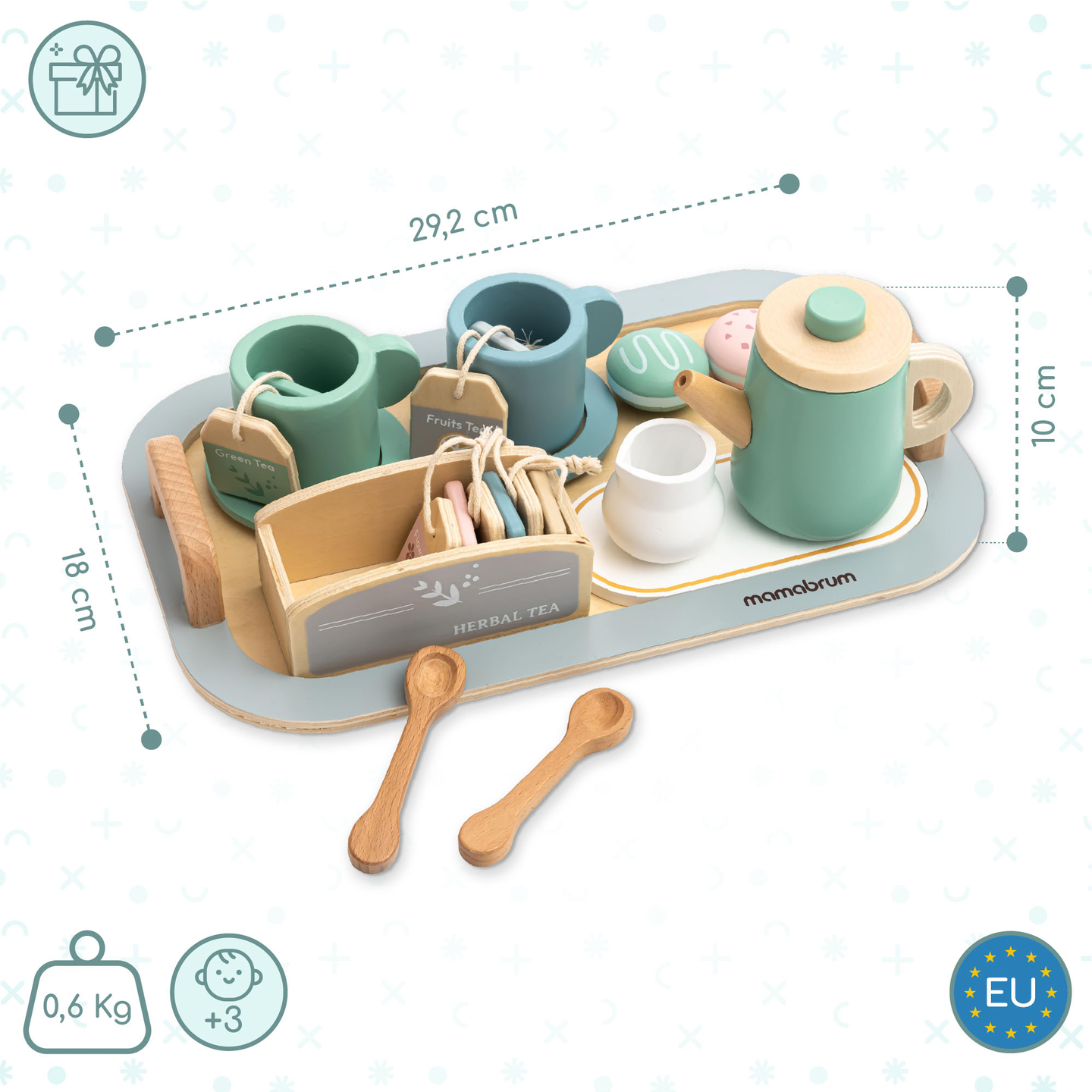 Juego de té grande de madera con bandeja - 18 unidades