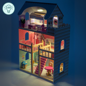 ¡Gran casa de muñecas de madera de 3 pisos con terraza, juego de muebles e iluminación LED!