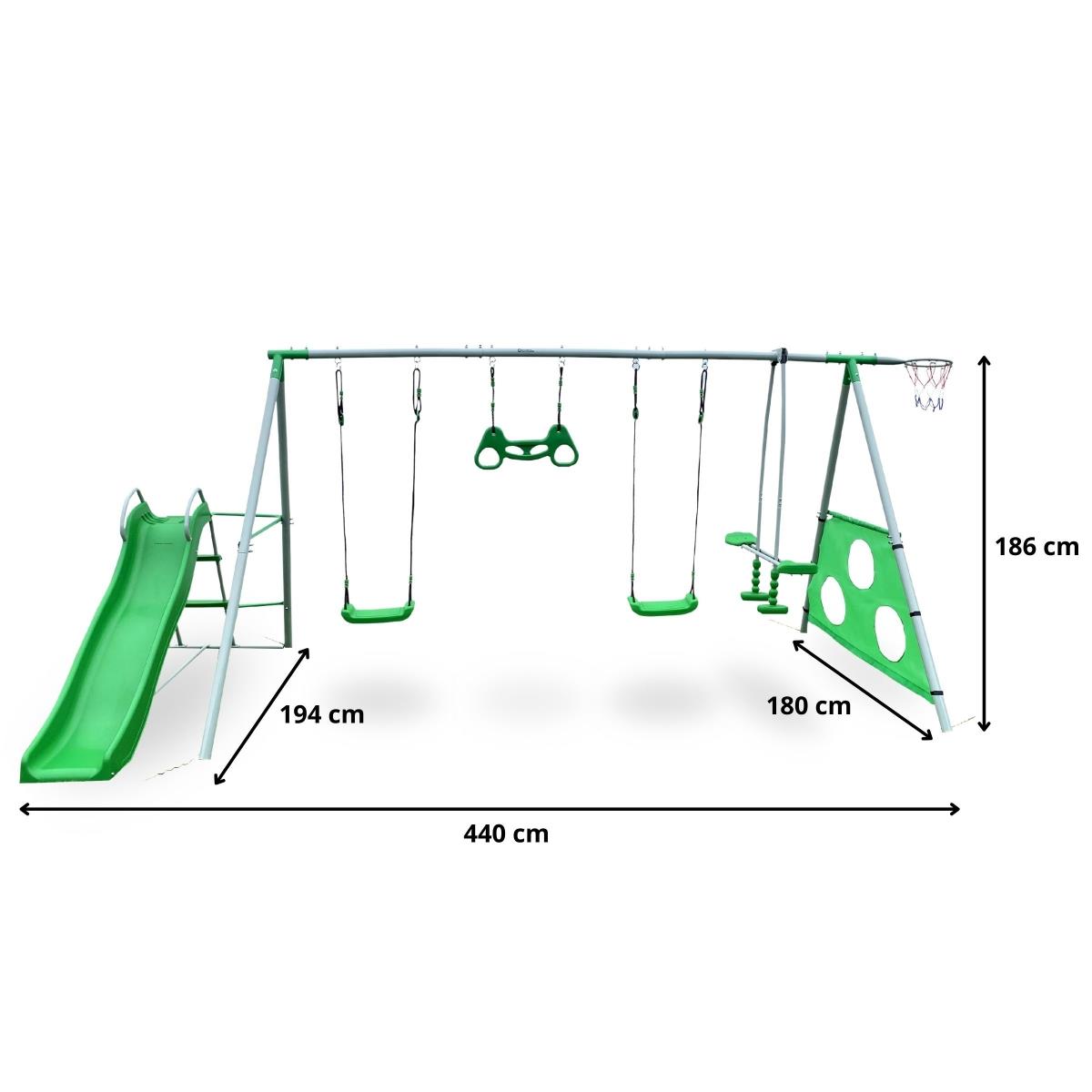 Parque infantil de jardín XXXL para niños con columpios, tobogán, trapecio de gimnasia, canasta de baloncesto y portería de fútbol