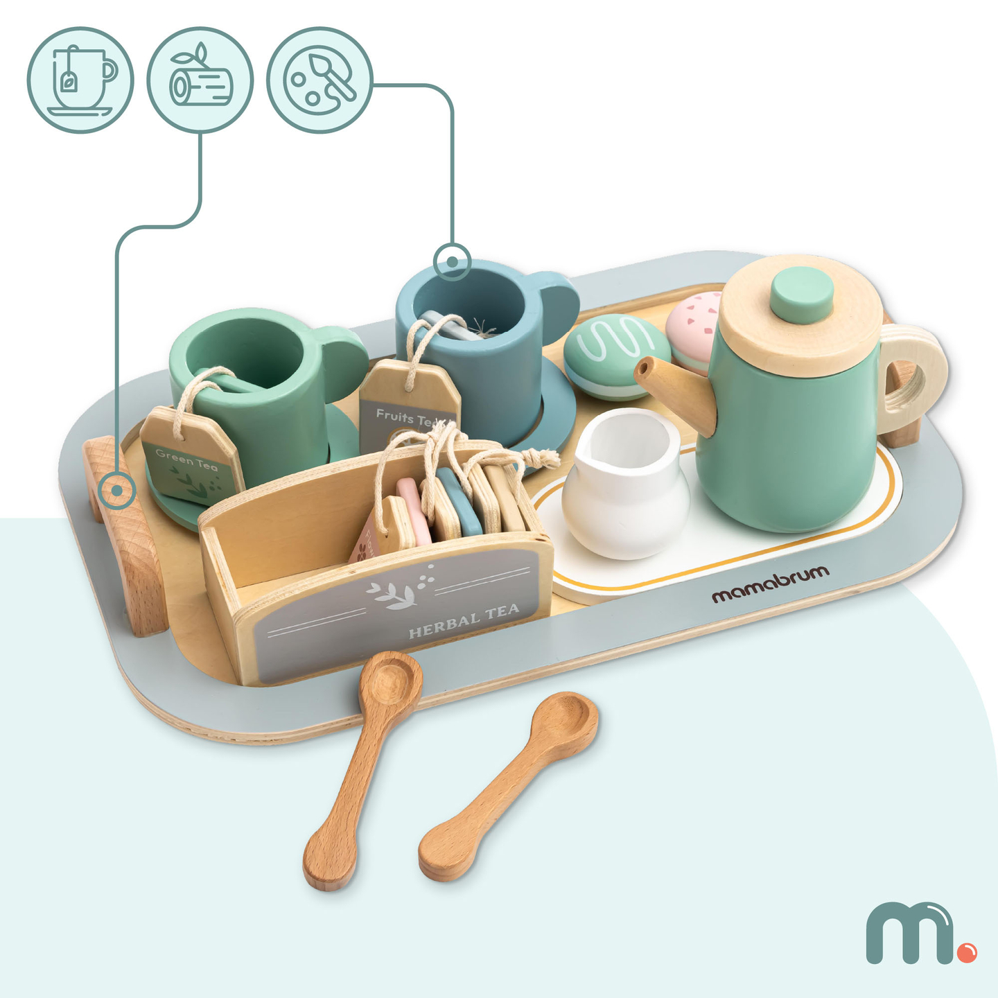 Juego de té grande de madera con bandeja - 18 unidades