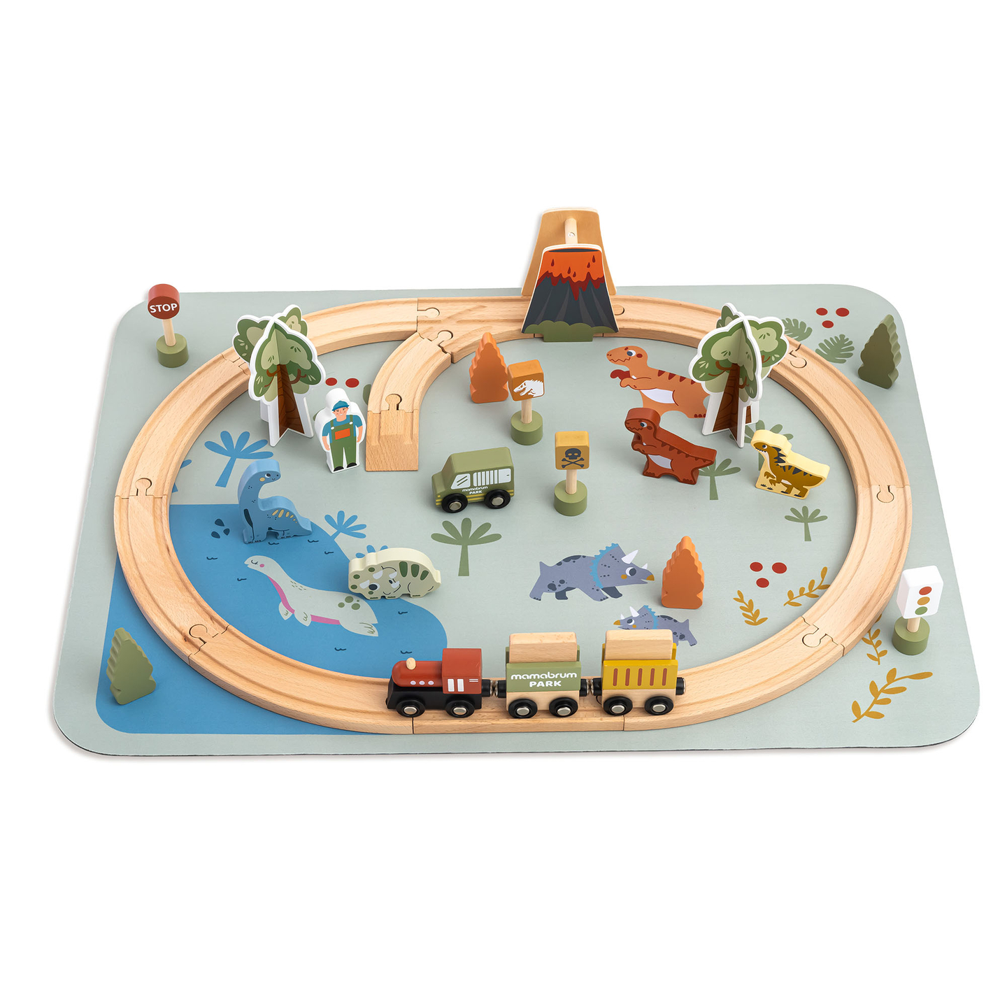 Tren de madera Dino Park con alfombra antideslizante - dinosaurios, tren, vías, volcán, campana