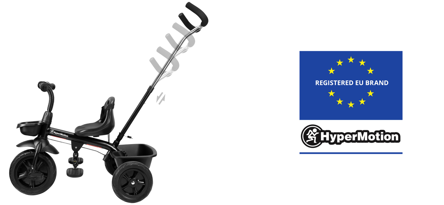 Triciclo HyperMotion TOBI VECTOR: ruedas infladas permanentemente + empujador. De color negro.