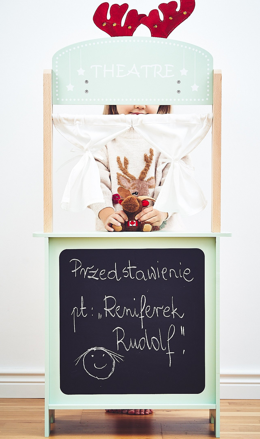 Gran tienda de madera - puesto y teatro 2en1 con báscula, terminal de pago, verduras y frutas