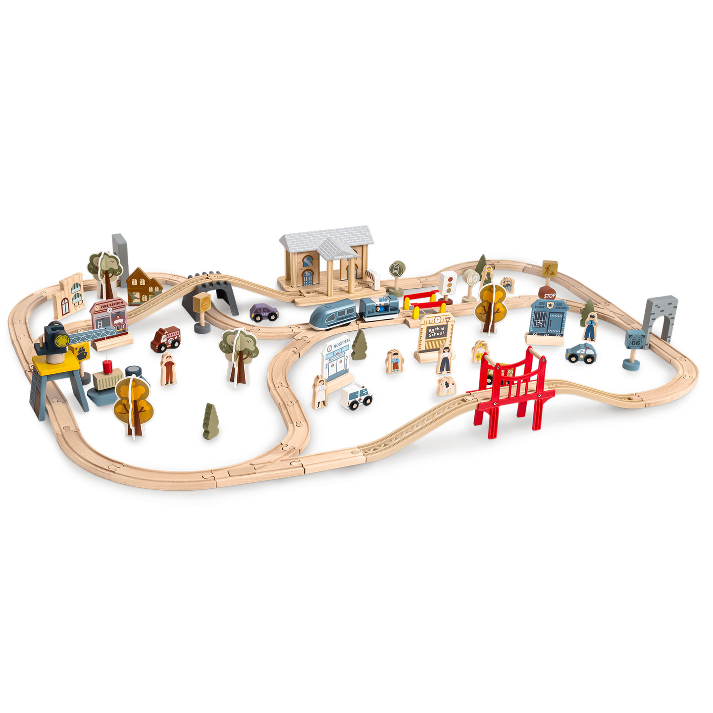 Ferrocarril urbano de madera con tren eléctrico: grúa móvil, barco, puentes