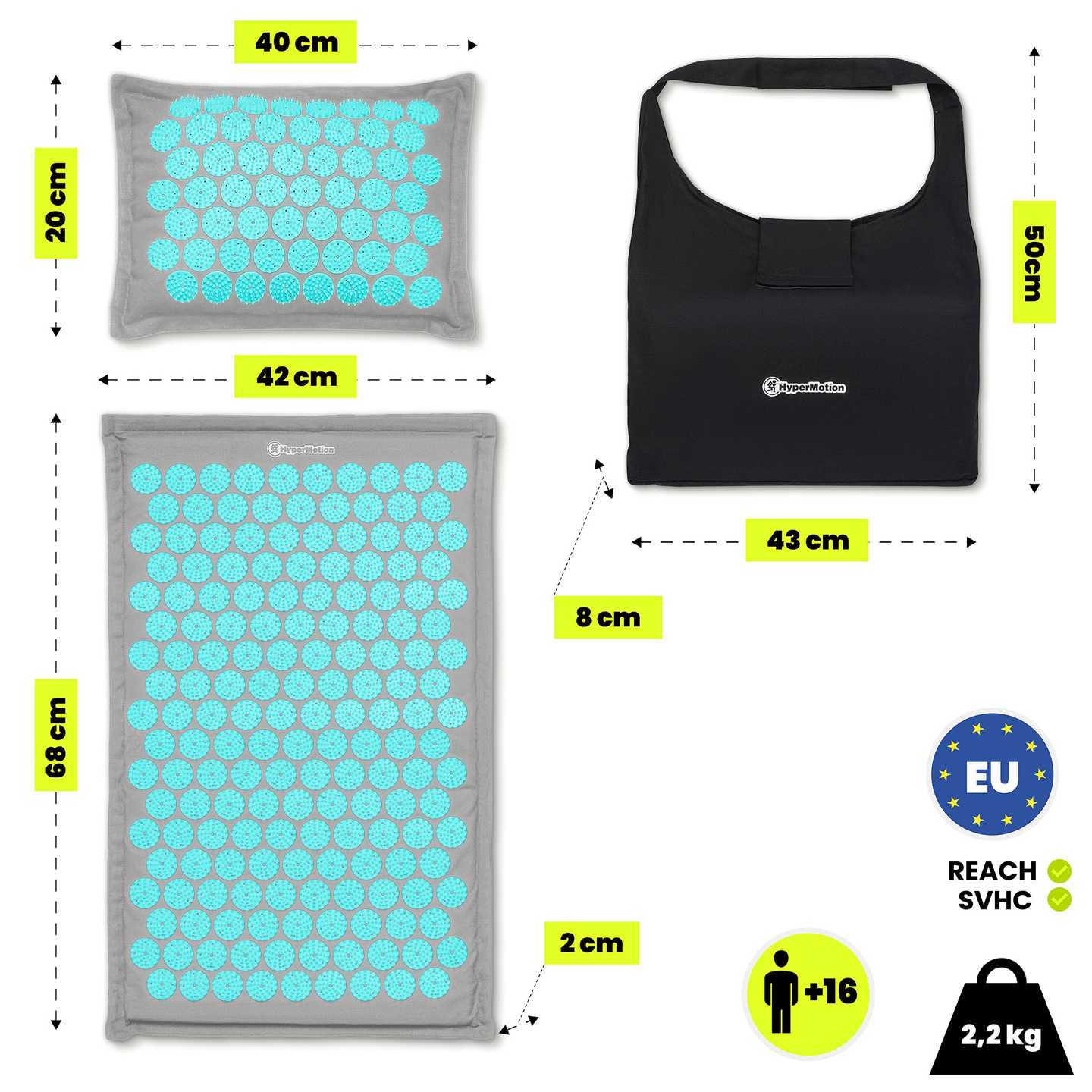 Esterilla de acupresión de lino ecológico con fibra de coco y cojín de trigo sarraceno – 68 cm HyperMotion gris-menta