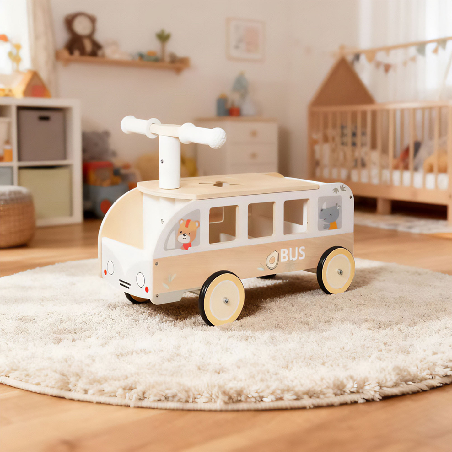 Autobús de madera para niños - Autobús con compartimentos de almacenamiento y espacio para peluches
