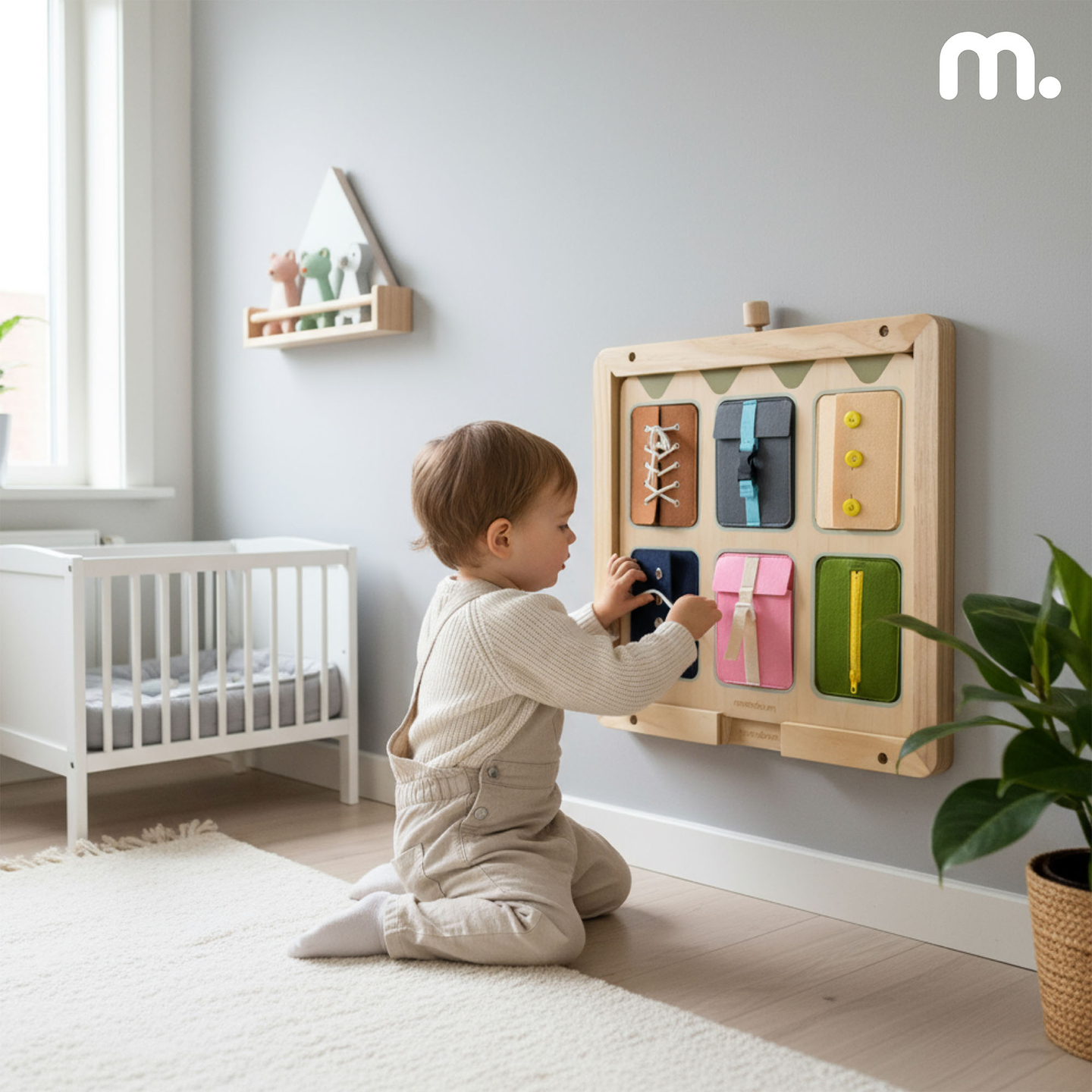 Tablero manipulativo Montessori de madera: Aprendizaje sensorial de la independencia - cordones, hebillas, botones, broches, cremallera