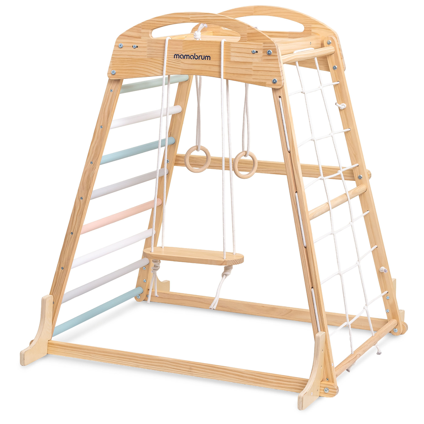 Parque infantil interior de madera con columpio, anillos de gimnasia y red de escalada.