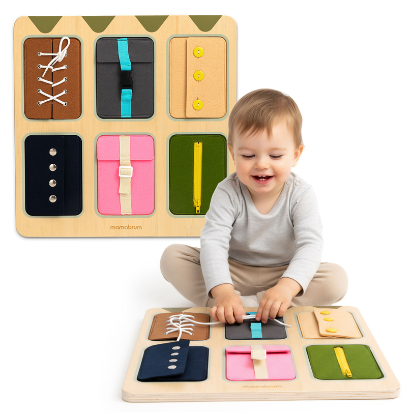 Tablero manipulativo Montessori de madera: Aprendizaje sensorial de la independencia - cordones, hebillas, botones, broches, cremallera